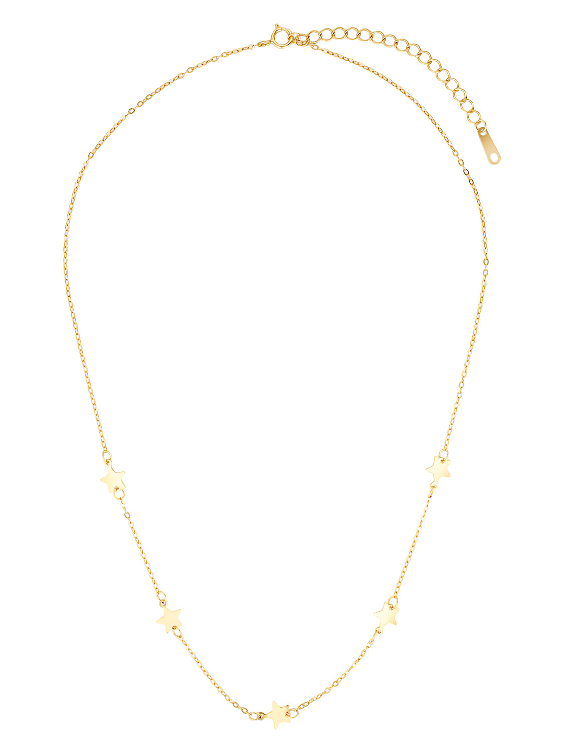 Gold necklace with small star-shaped pendants on a white background