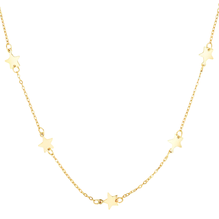 Gold necklace with star pendants on a white background