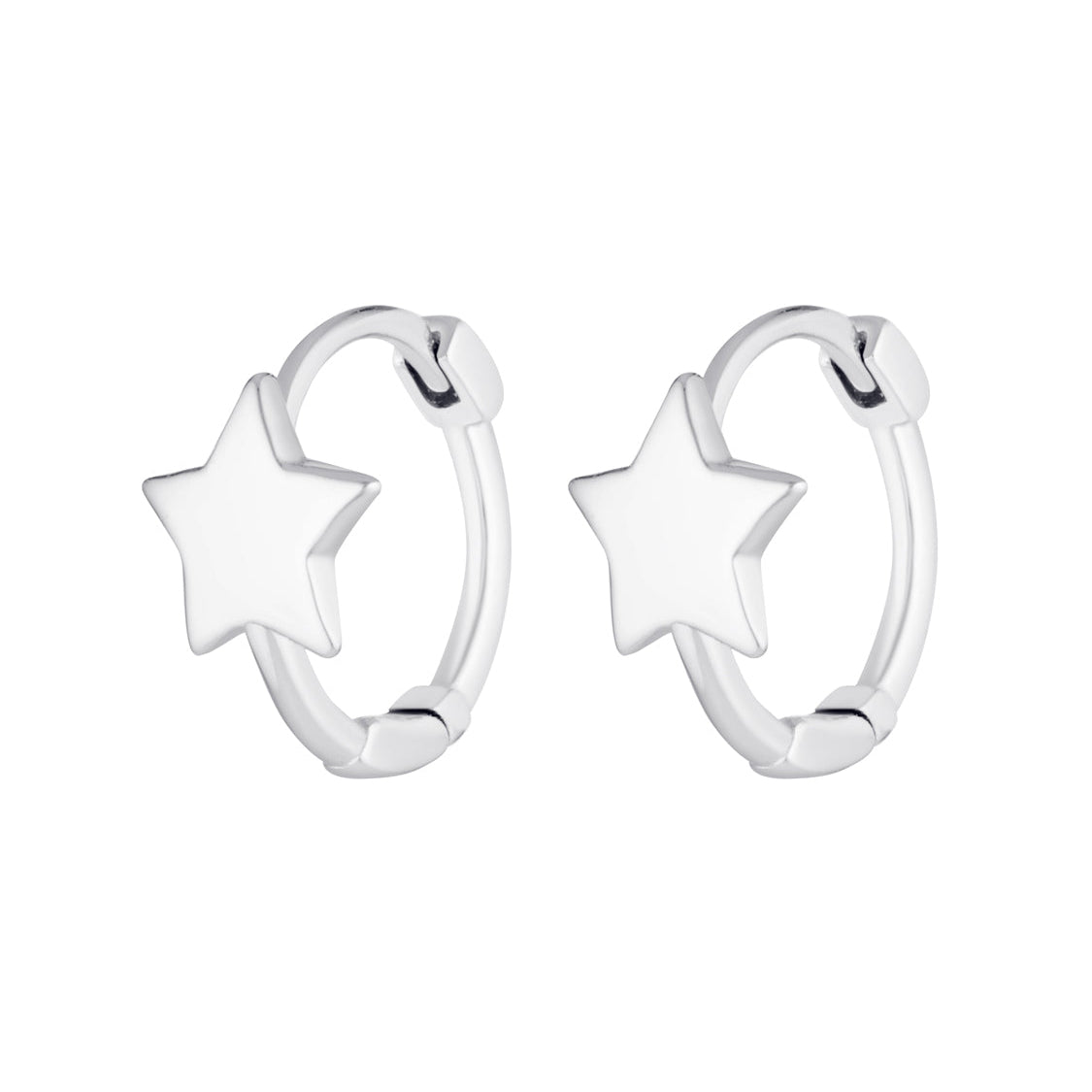 Silver star-shaped hoop earrings on a white background