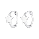 Silver star-shaped hoop earrings on a white background