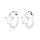 Silver star-shaped hoop earrings on a white background