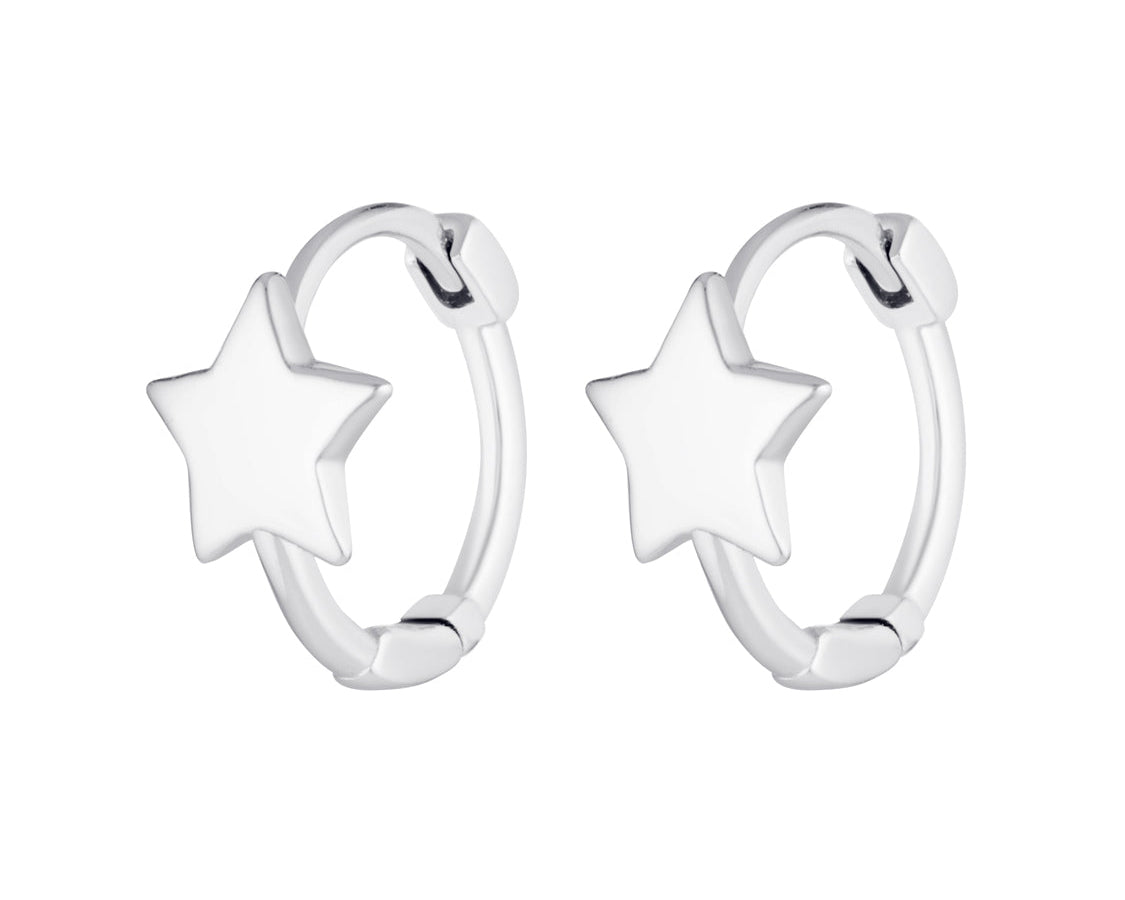 Silver star-shaped hoop earrings on a white background