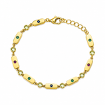 A gold bracelet with elongated rectangular links, round bezel-set green and light green stones, and small oval stones in dark blue and purple, displayed on a clean white background.