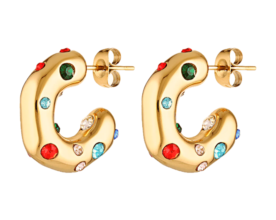 gold filled earrings Carnival  hoops with coloured gemstones 