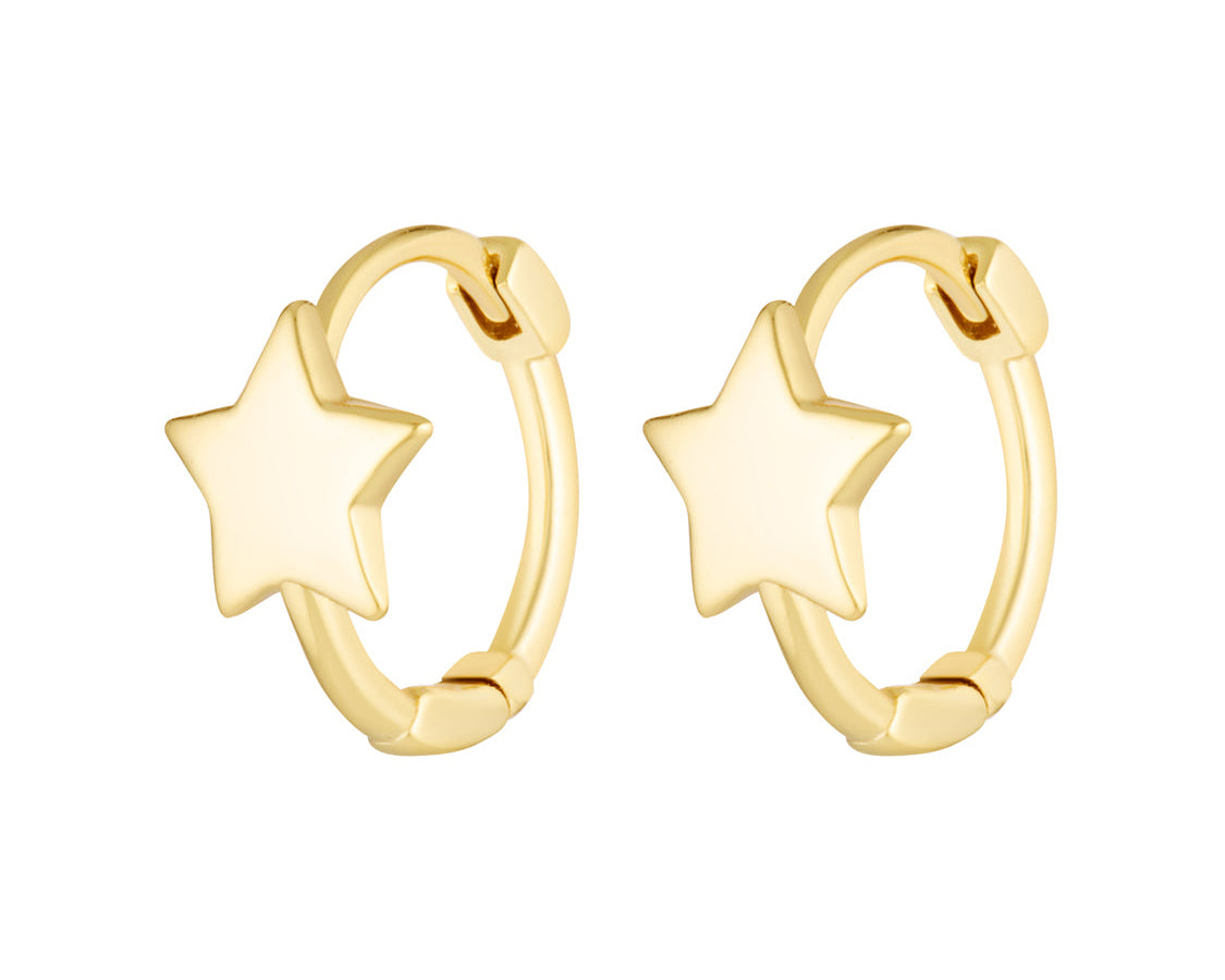 Gold star-shaped hoop earrings on a white background