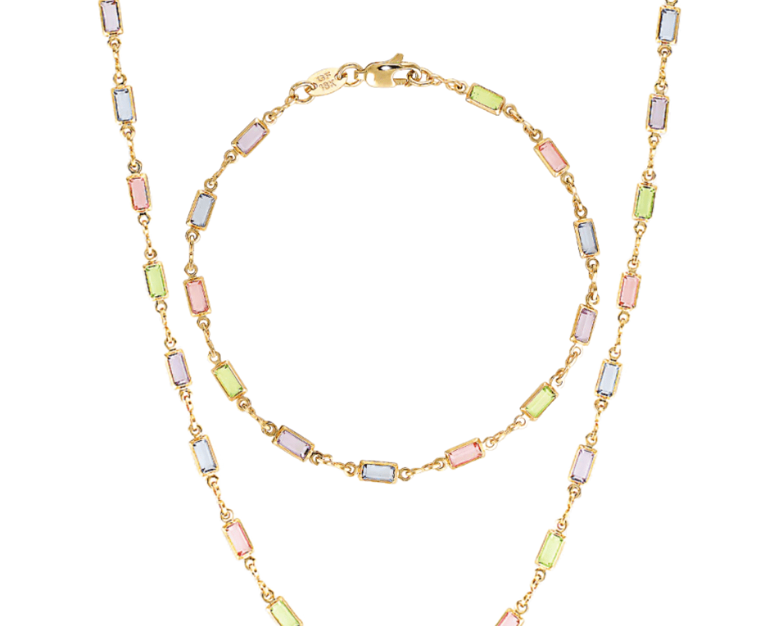 Pastel rainbow bracelet and necklace set in gold 
