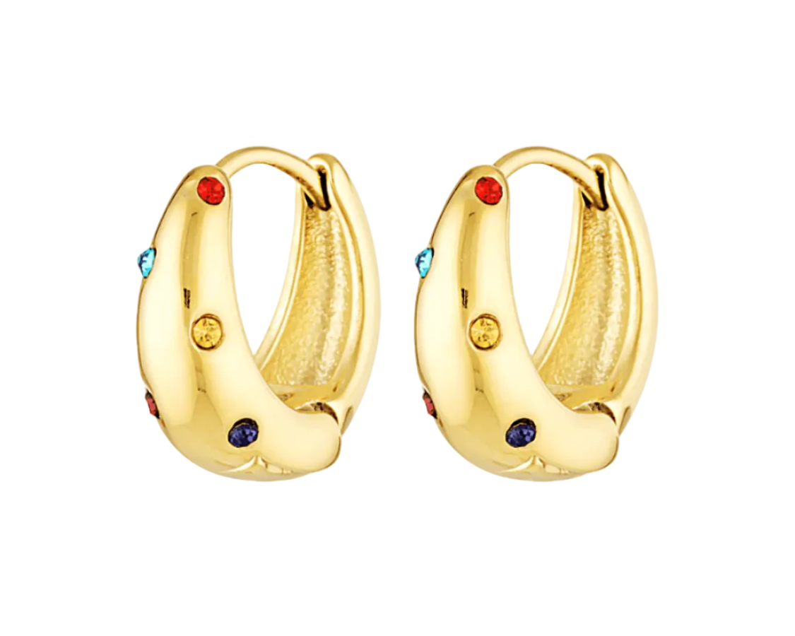 Small gold Huggies with multicoloured gems