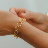 Gold chain bracelet on a wrist against a neutral background