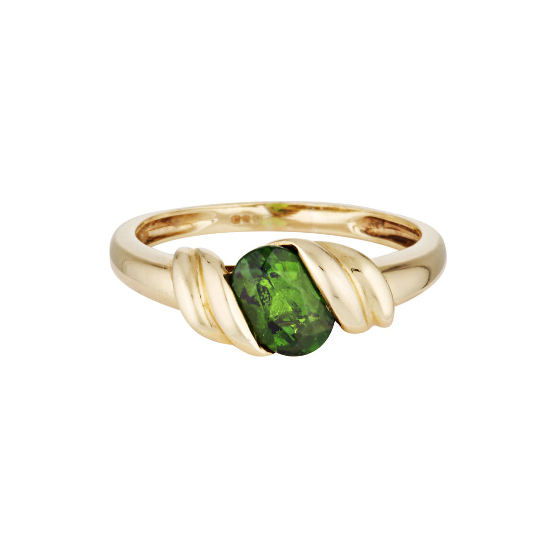 Gold ring with a green gemstone on a white background