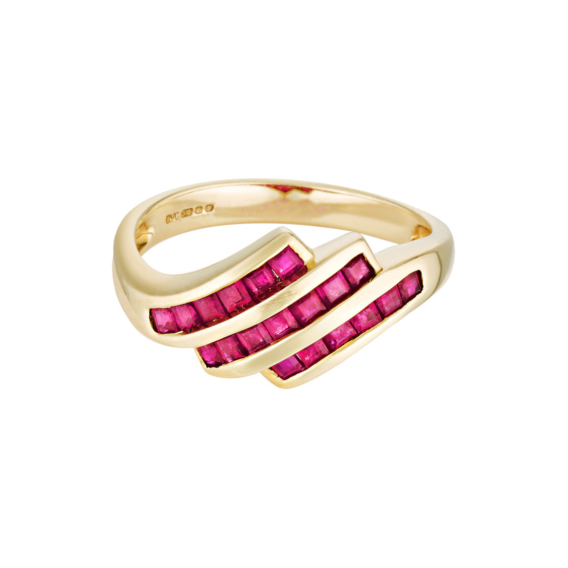 Gold ring with pink gemstones on a white background