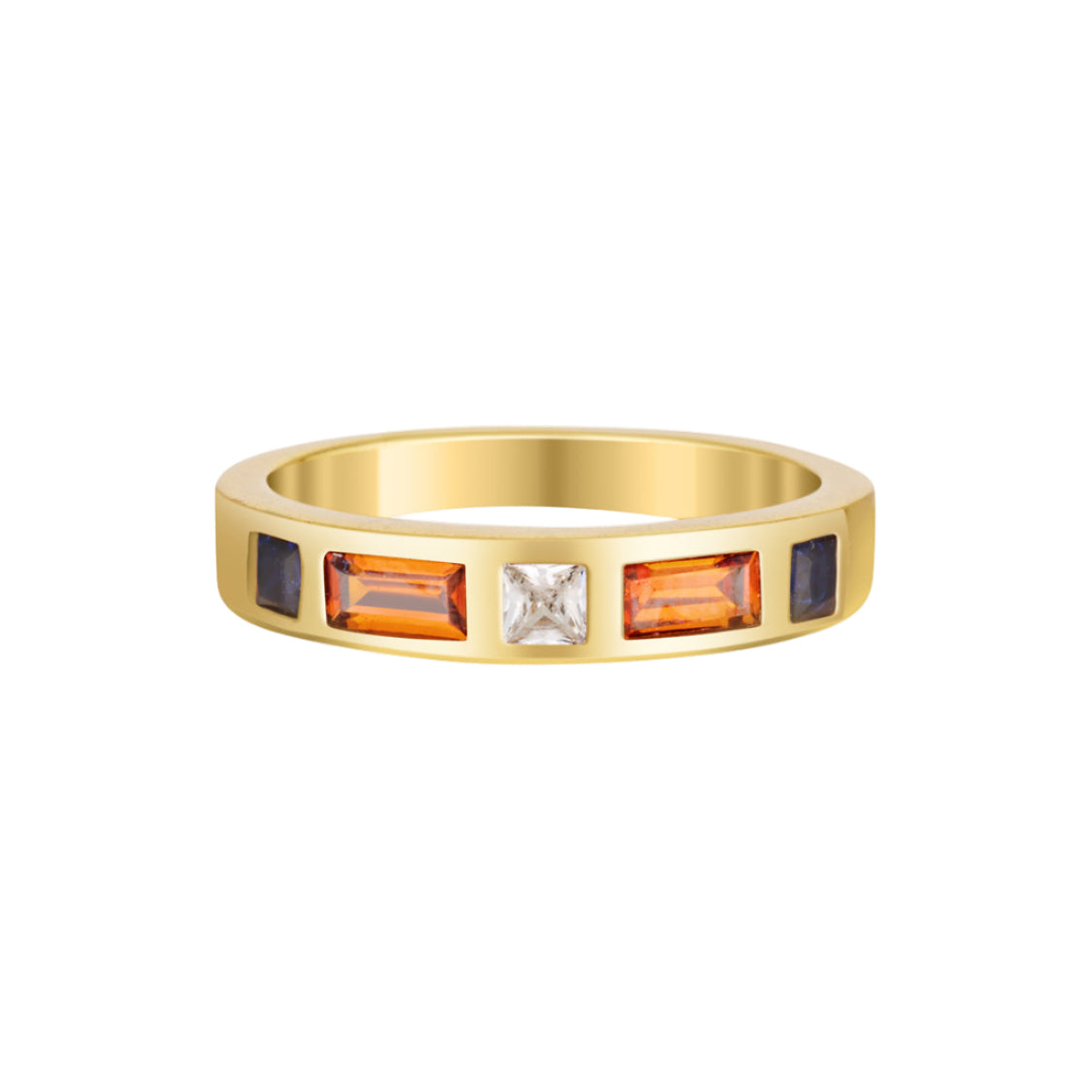 Gold ring with embedded gemstones on a white background