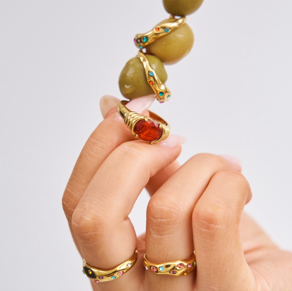 Jenna Ruby ring styled with Bixby rings