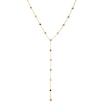 Gold necklace with colorful beads on a white background