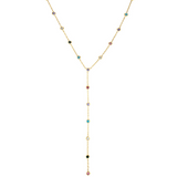 Gold necklace with colorful beads on a white background