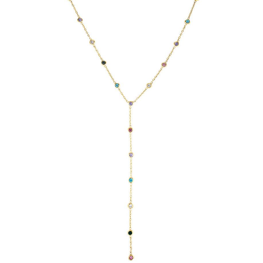 Gold necklace with colorful beads on a white background