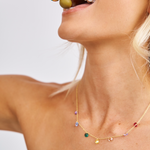 Coloured crystal Sunshine necklace on model 