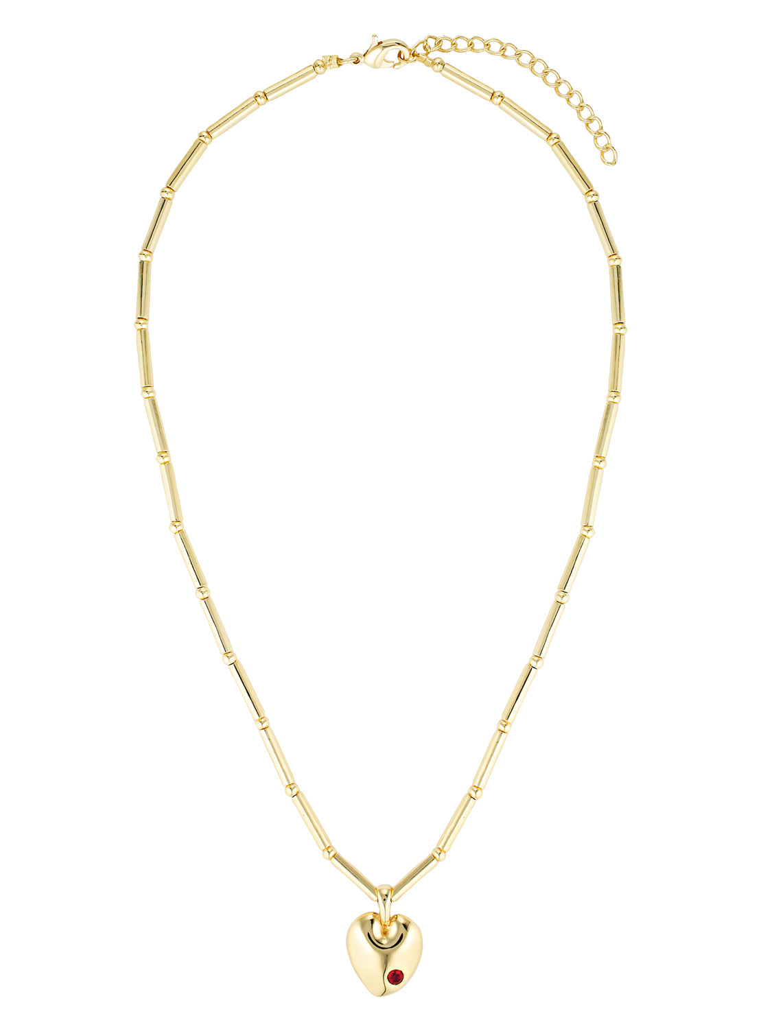 Gold necklace with a heart-shaped pendant on a white background