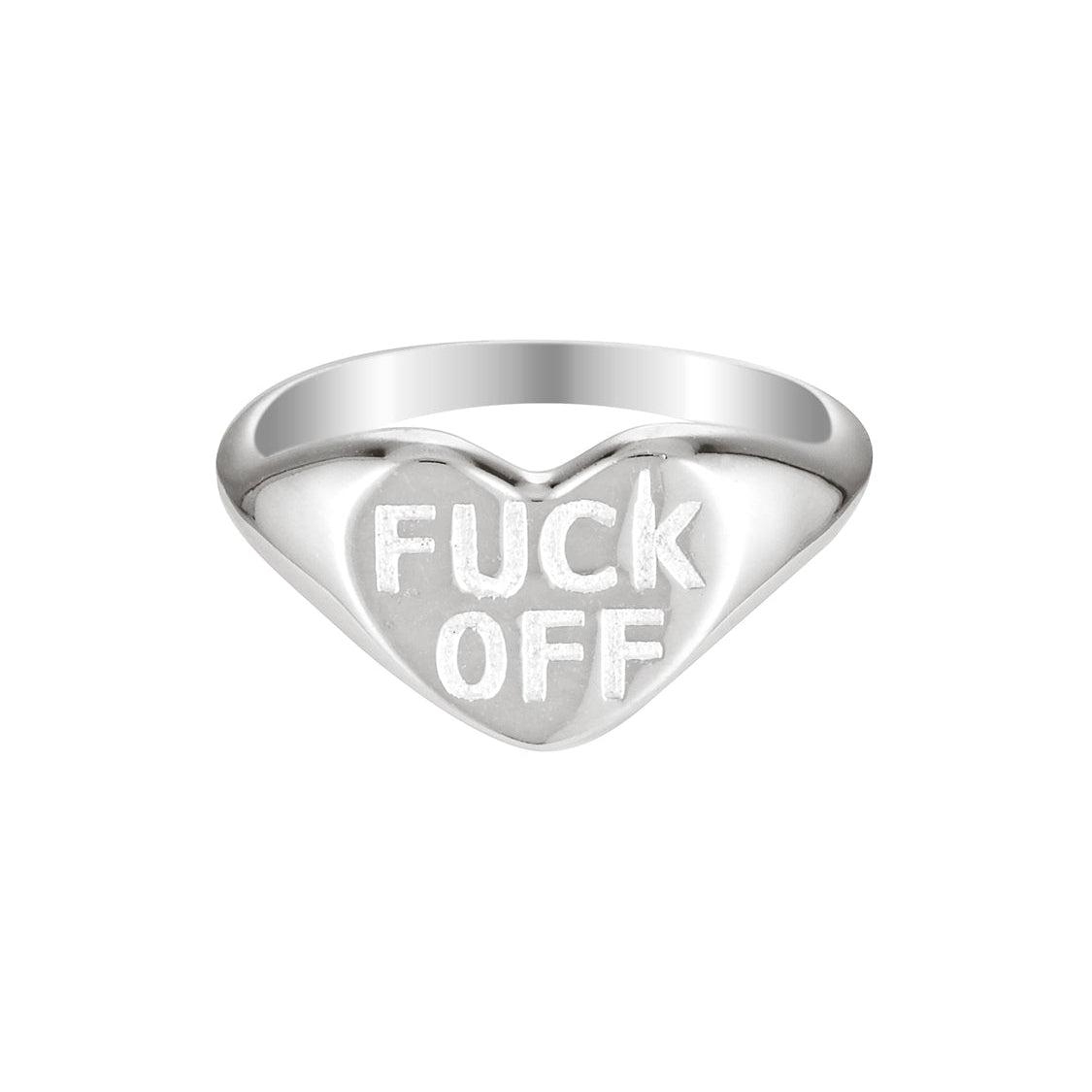 Silver ring with 'FUCK OFF' engraved on a white background