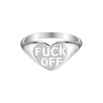Silver ring with 'FUCK OFF' engraved on a white background