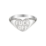 Silver ring with 'FUCK OFF' engraved on a white background