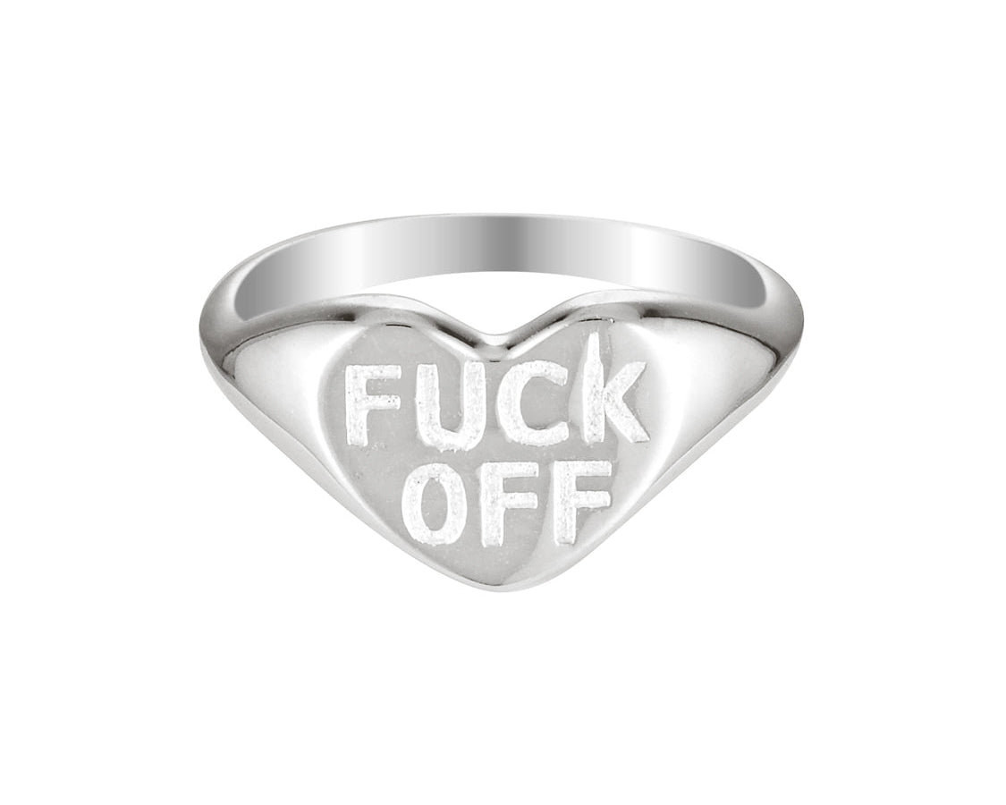 Silver ring with 'FUCK OFF' engraved on a white background
