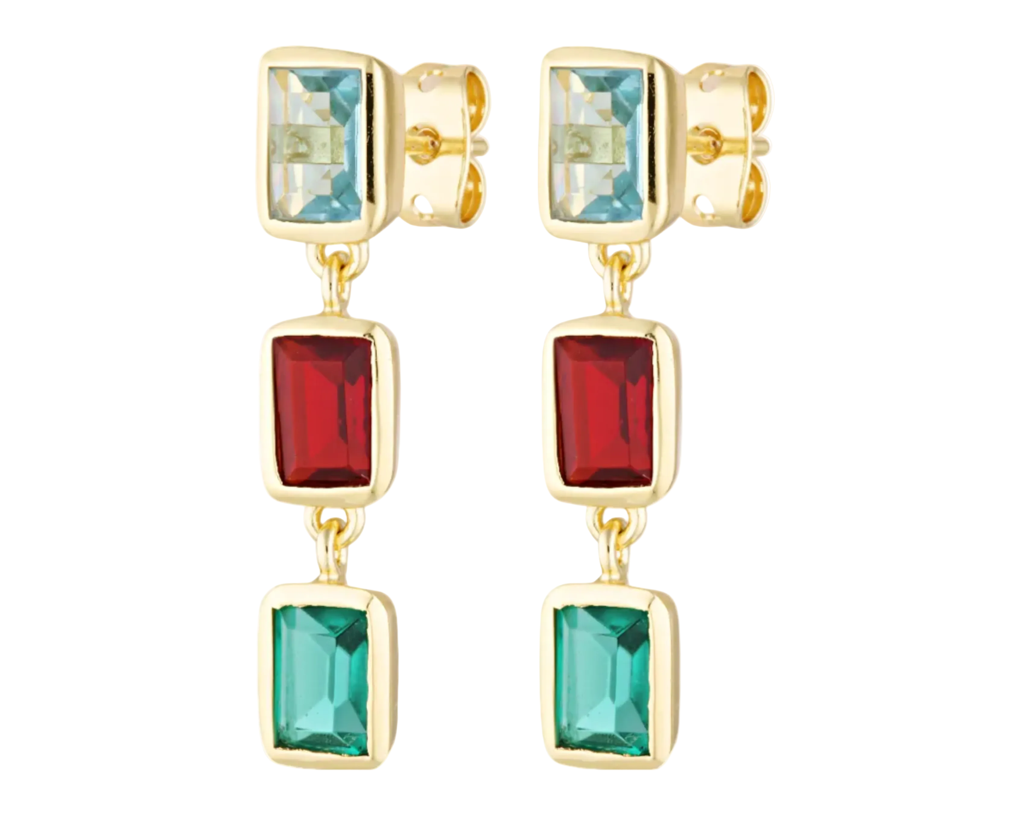 Aquamarine, Topaz and garnet dramatic drop cocktail earrings 
