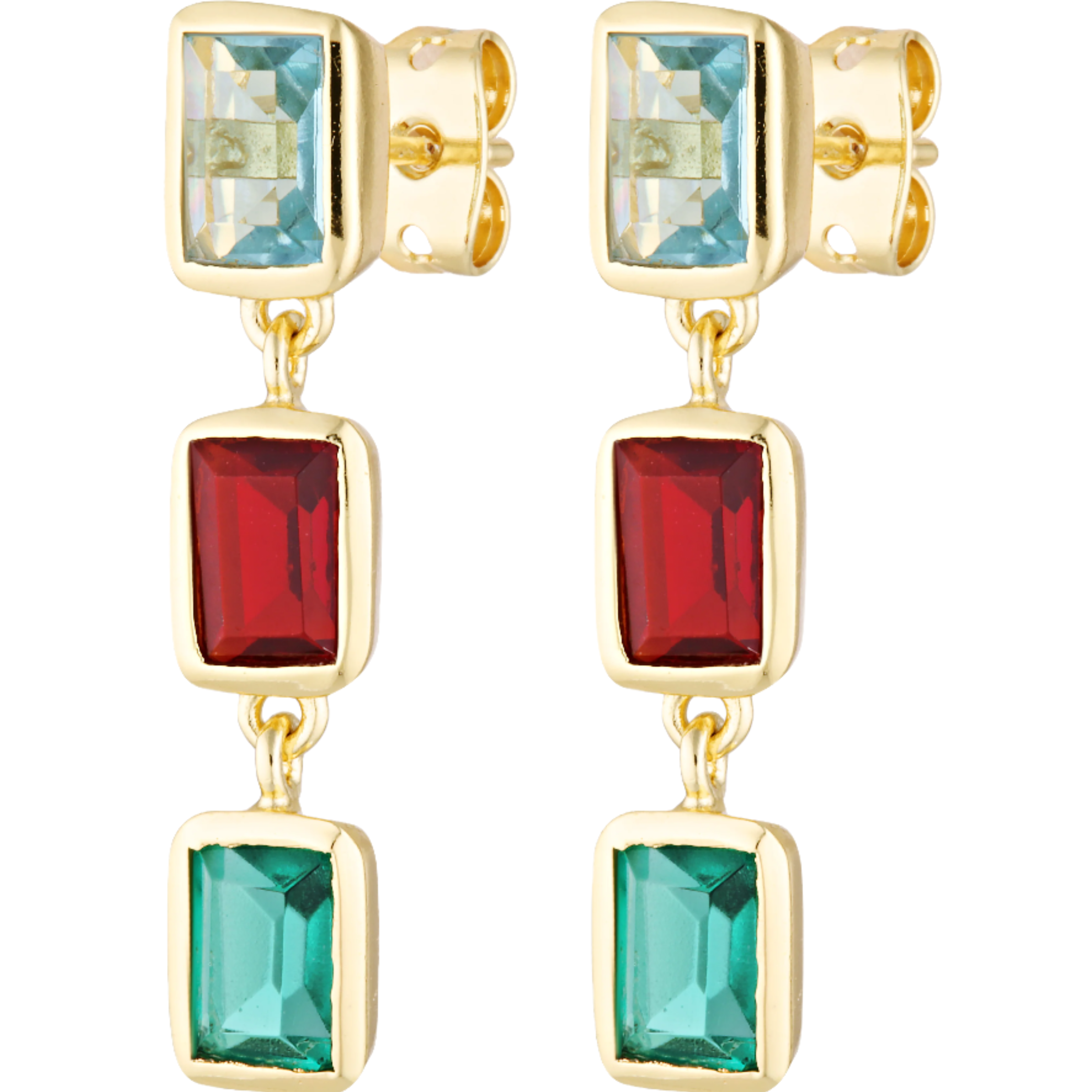 Aquamarine, Topaz and garnet dramatic drop cocktail earrings 