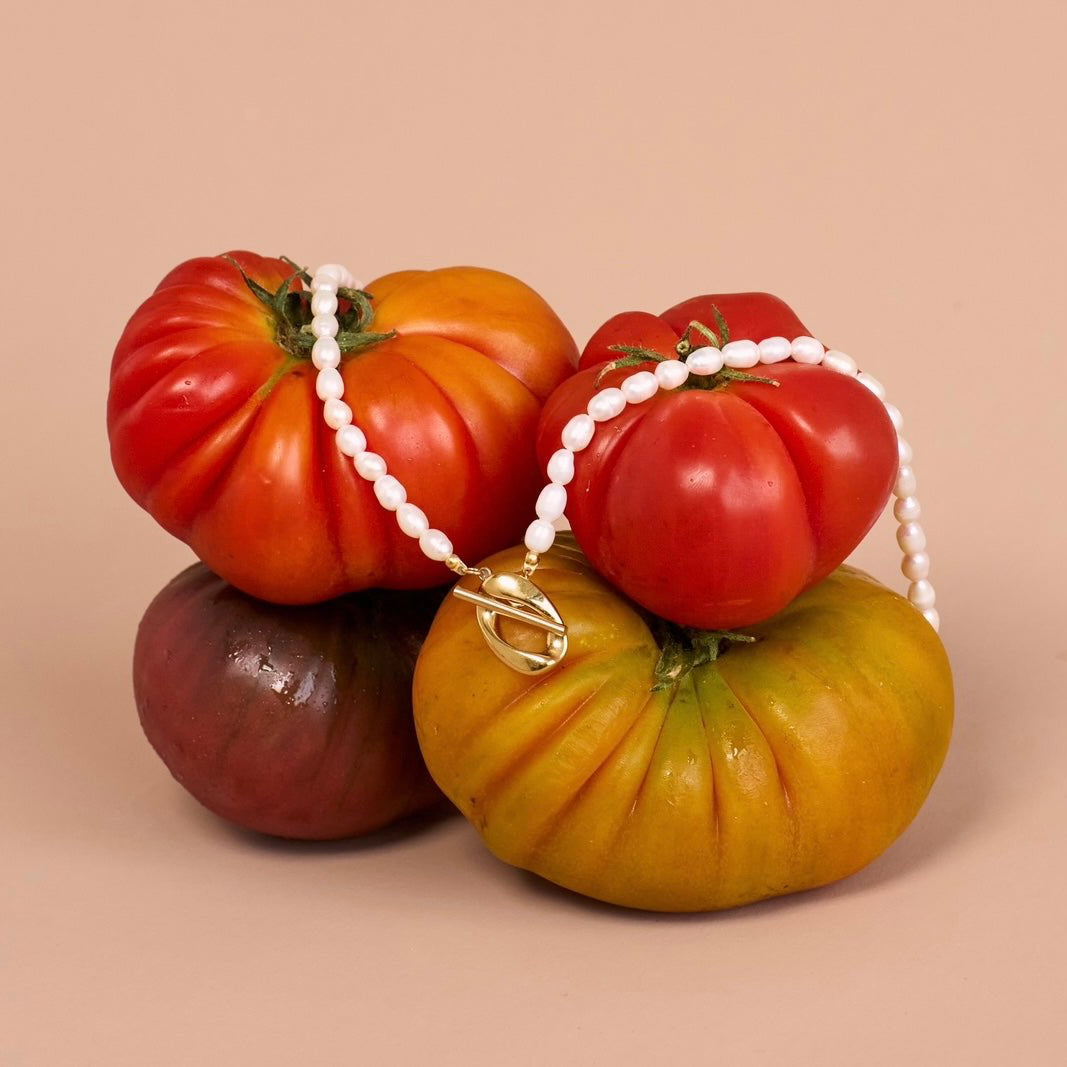 Freshwater Pearl necklace styled on tomatoes 