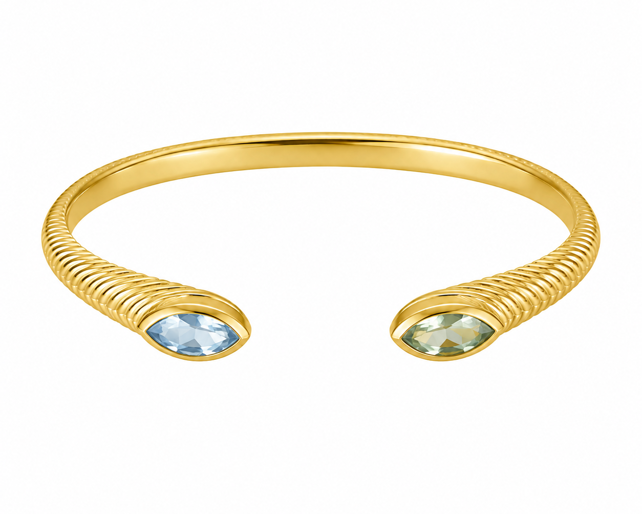 A gold-toned open cuff bracelet with a textured rope-like finish and two marquise-cut light blue gemstones at the ends, shown on a plain white background.