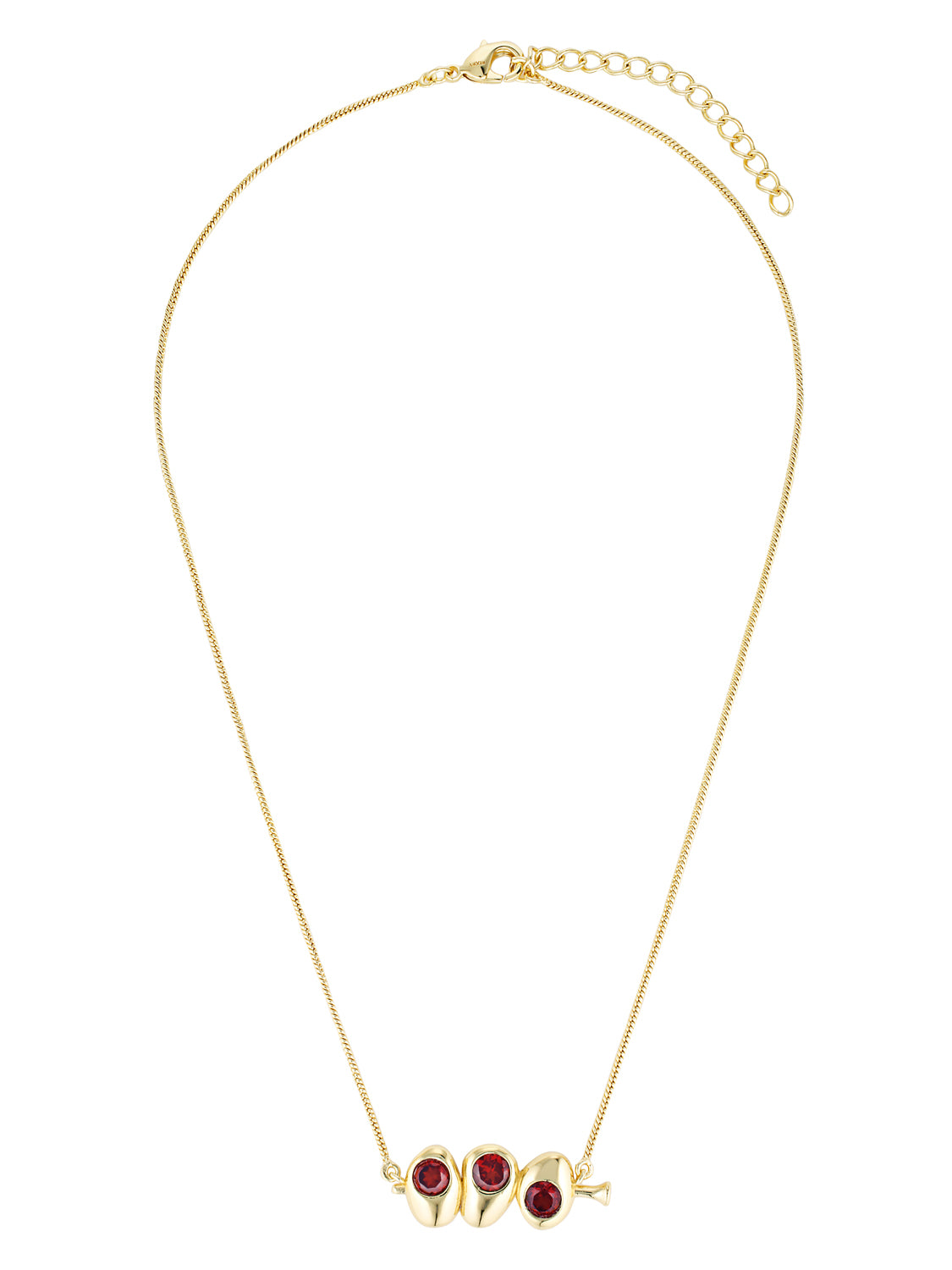 Gold necklace with red gemstones on a white background