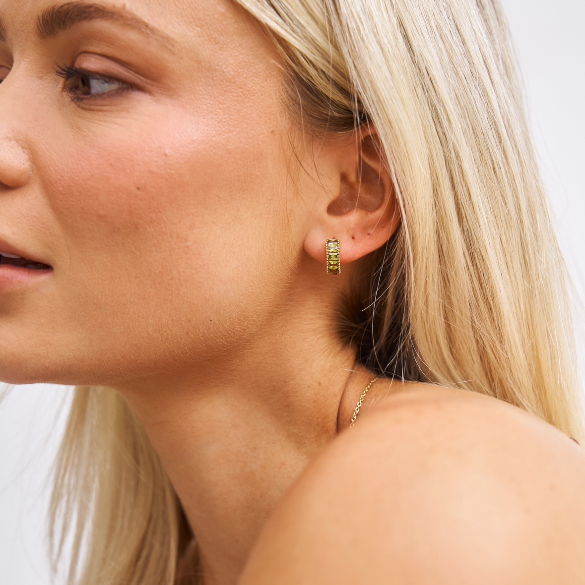 Sage green pistachio crystal gold huggies 