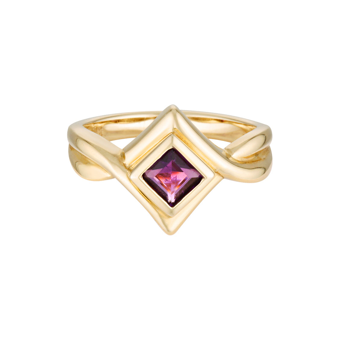 Gold ring with a pink gemstone on a white background