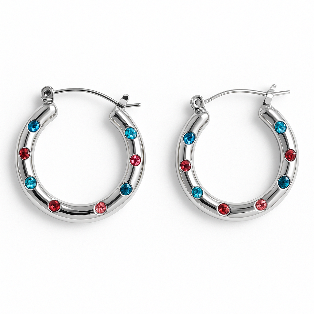 Silver hoops with coloured gemstones 