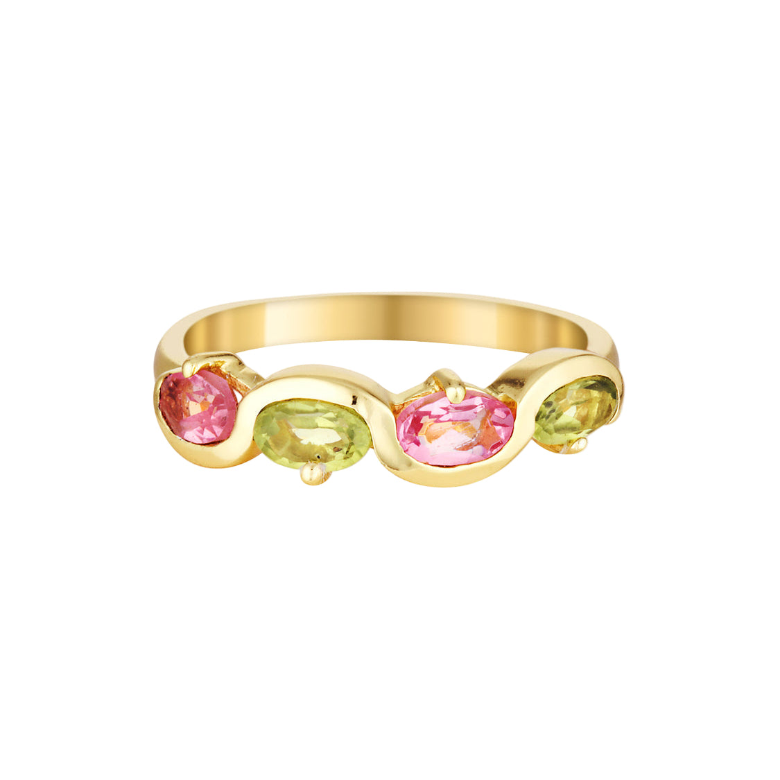 Gold ring with pink and green gemstones on a white background