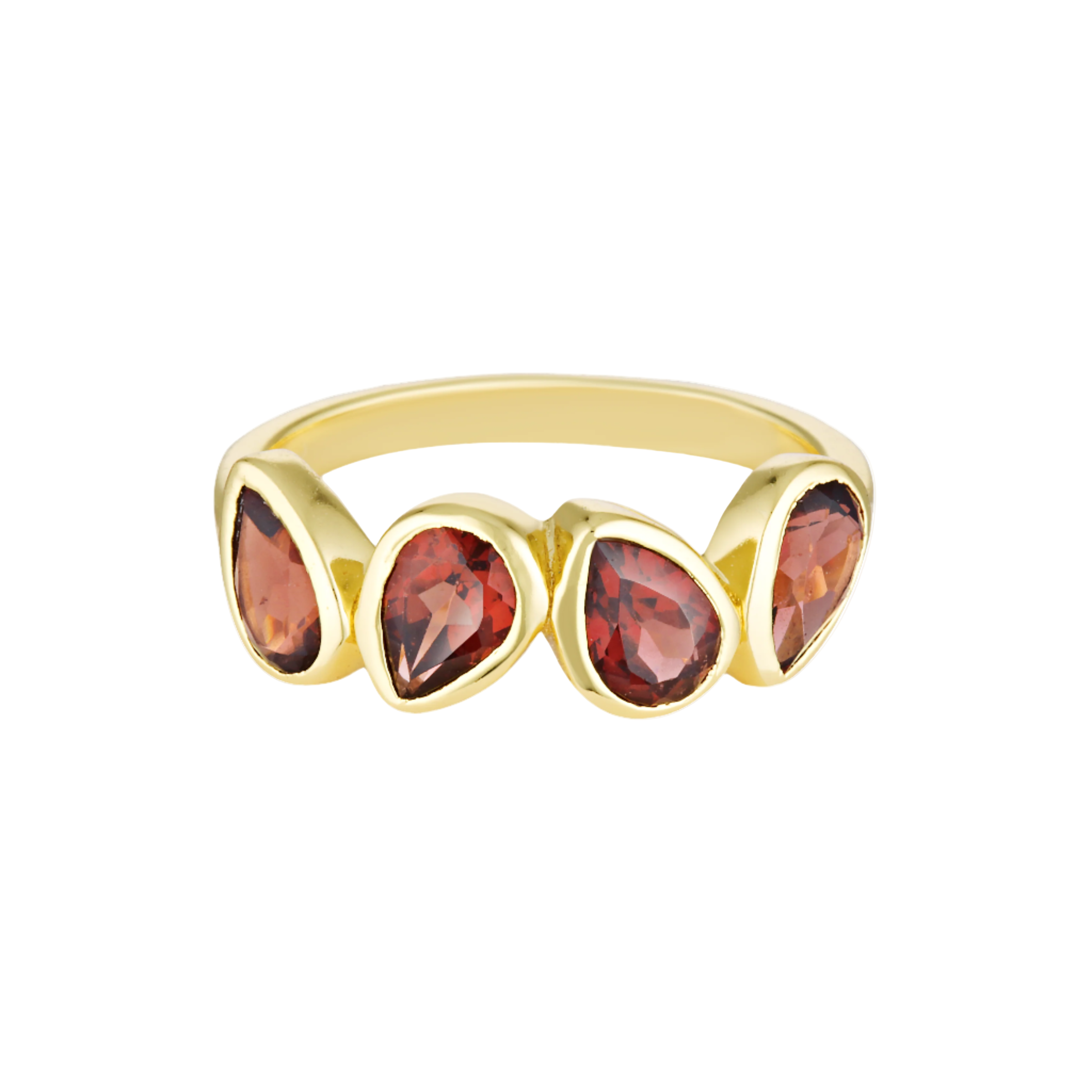 Gold ring with four red gemstones on a white background