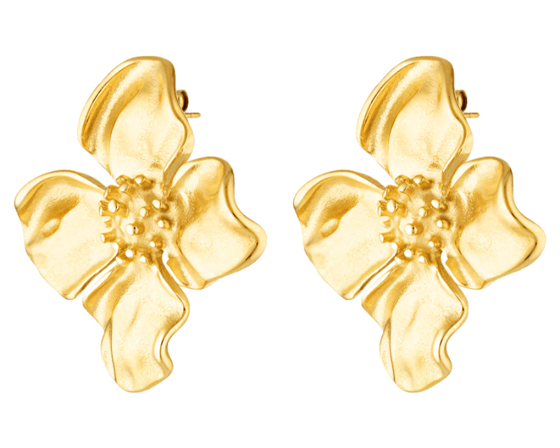 Tahiti Earrings, large hibiscus shaped gold stud earrings in 14k gold 