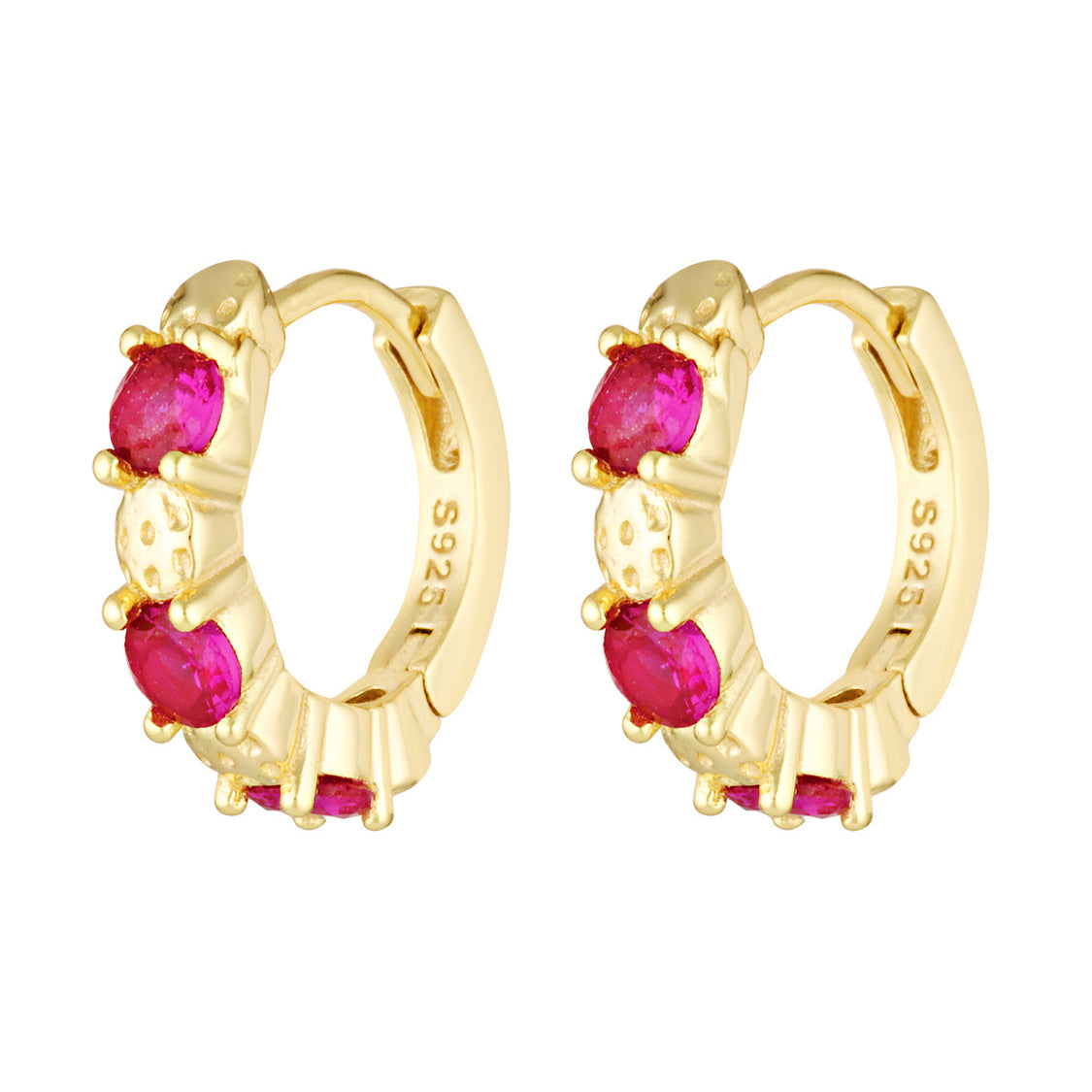 Gold hoop earrings with red gemstones on a white background