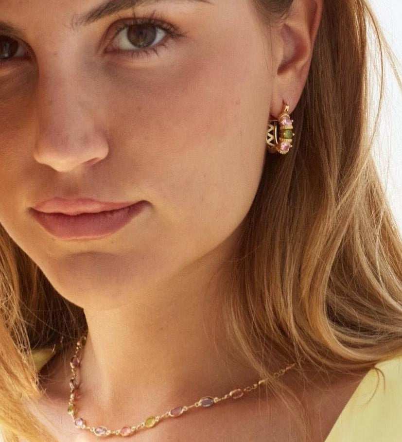 Model in pastel gemstone Amalfi necklace and earrings set