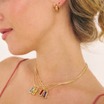 Model in coloured birthstone necklaces