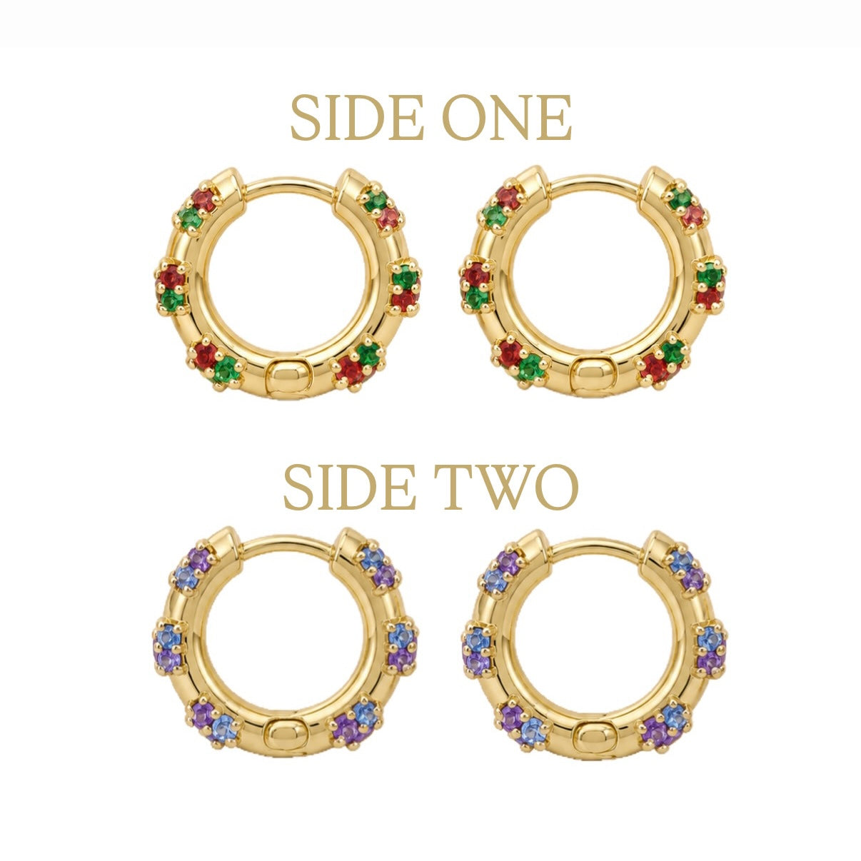 Two pairs of gold huggie hoop earrings with multicolor gemstone accents, labeled 'SIDE ONE' and 'SIDE TWO' on a white background. The top pair features green and red stones, and the bottom pair features purple and blue stones.