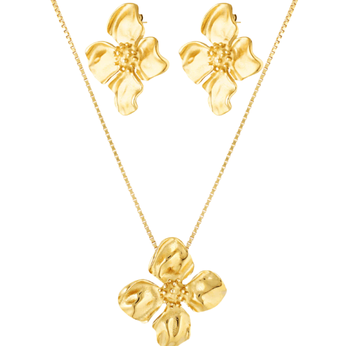Hibiscus shaped earrings and necklace  with large Gold flower pendant 
