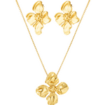 Hibiscus shaped earrings and necklace  with large Gold flower pendant 
