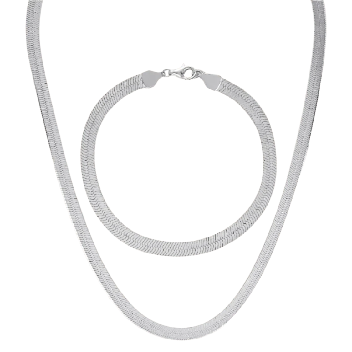 Wide herringbone necklace and bracelet set in 925 Sterling silver 