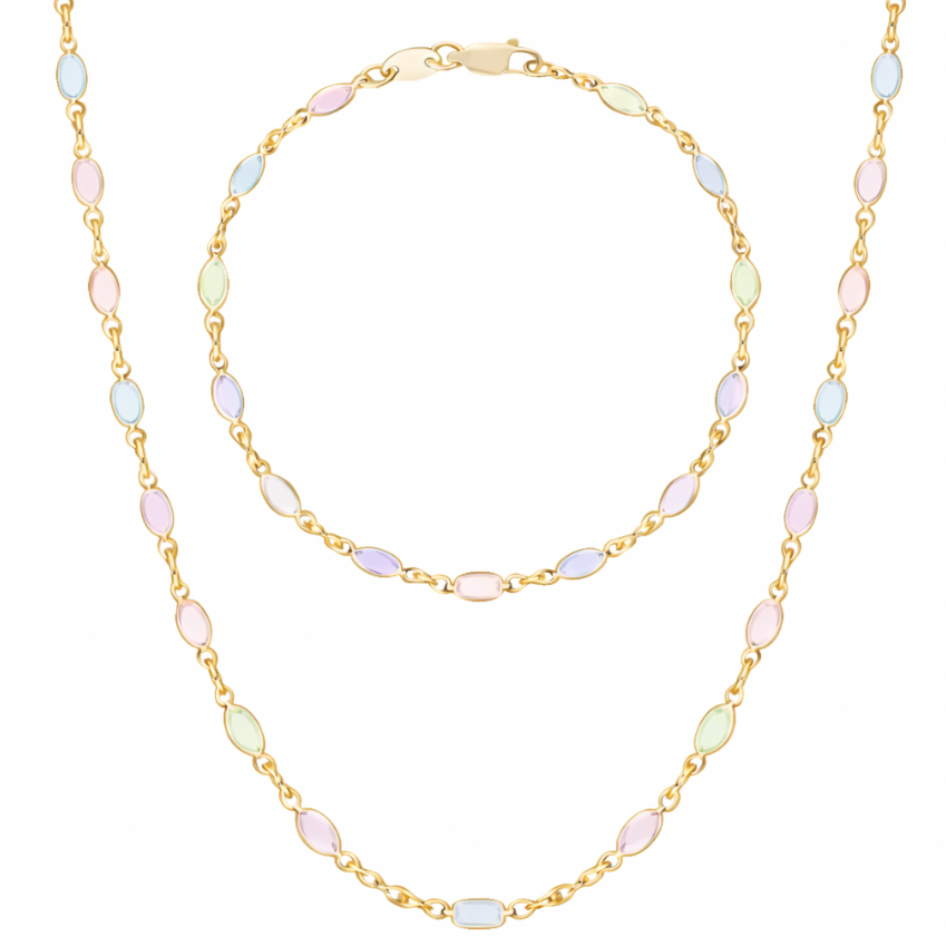 Gold necklace with multicolored beads on a white background