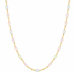 Necklace with pastel-colored beads on a gold chain against a white background