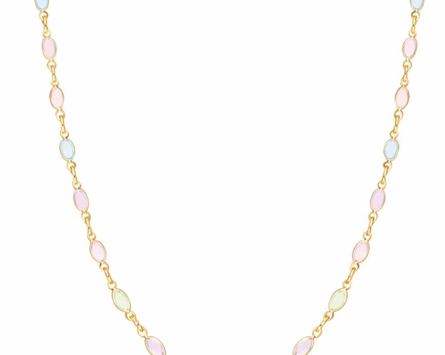 Necklace with pastel-colored beads on a gold chain against a white background