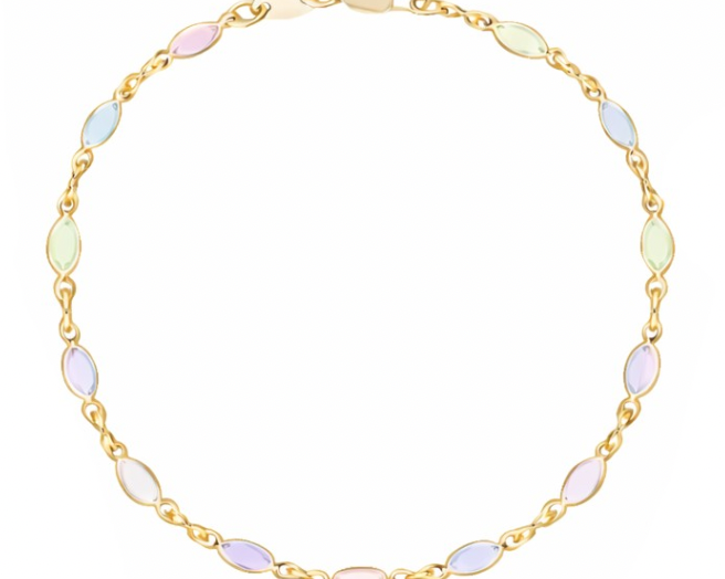 Gold bracelet with pastel-colored beads on a white background