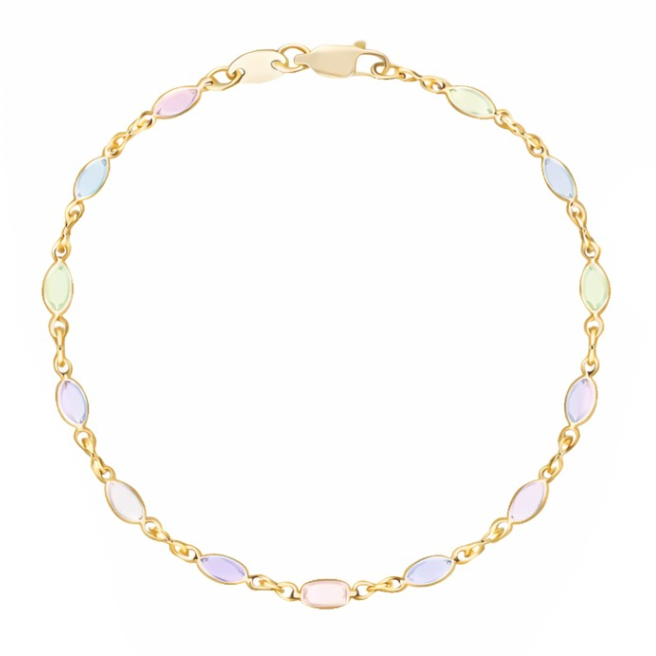 Gold bracelet with pastel-colored beads on a white background