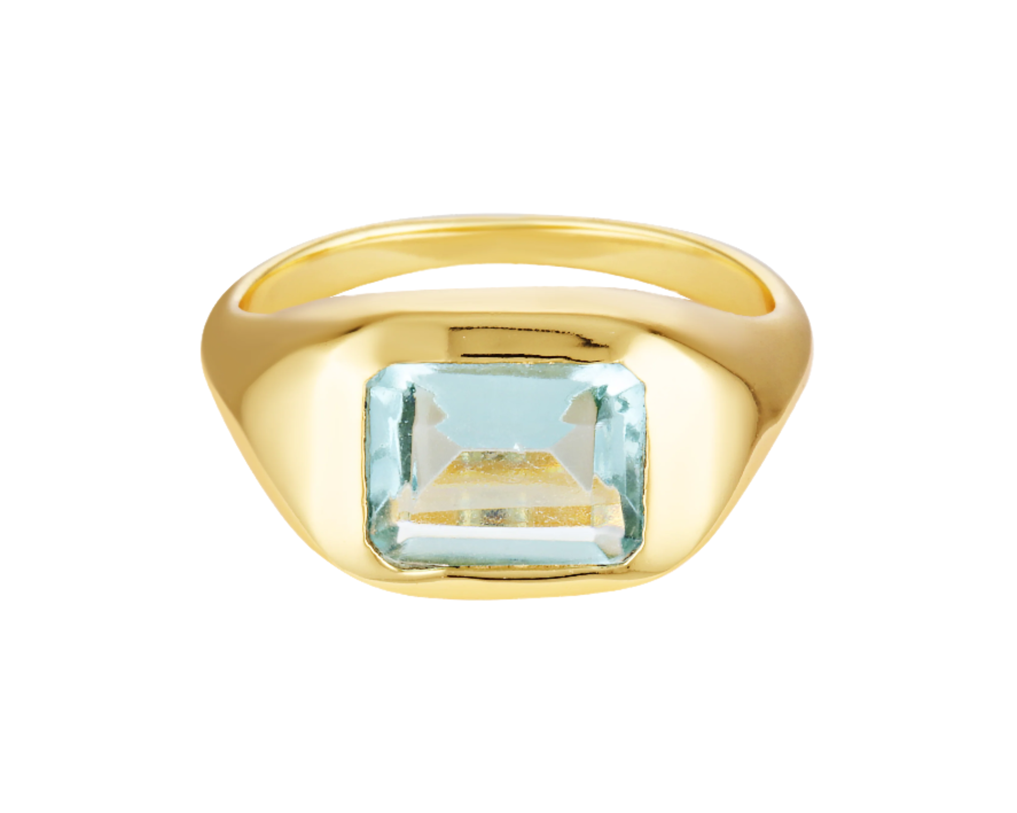 Aquamarine Juliet Ring. Signet Ring shaped, baguette cut semi precious gemstone, 18k Gold on Sterling silver base 