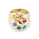 Coloured stone chunky gold ring with two entwining bands